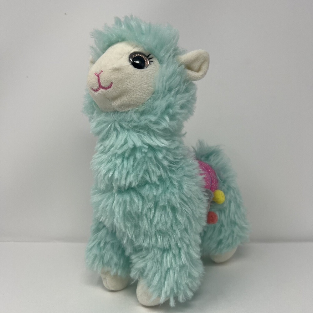 Mint Green Llama Alpaca Soft Plush Stuffed Furry Toy 10in. Tall With Pink Saddle